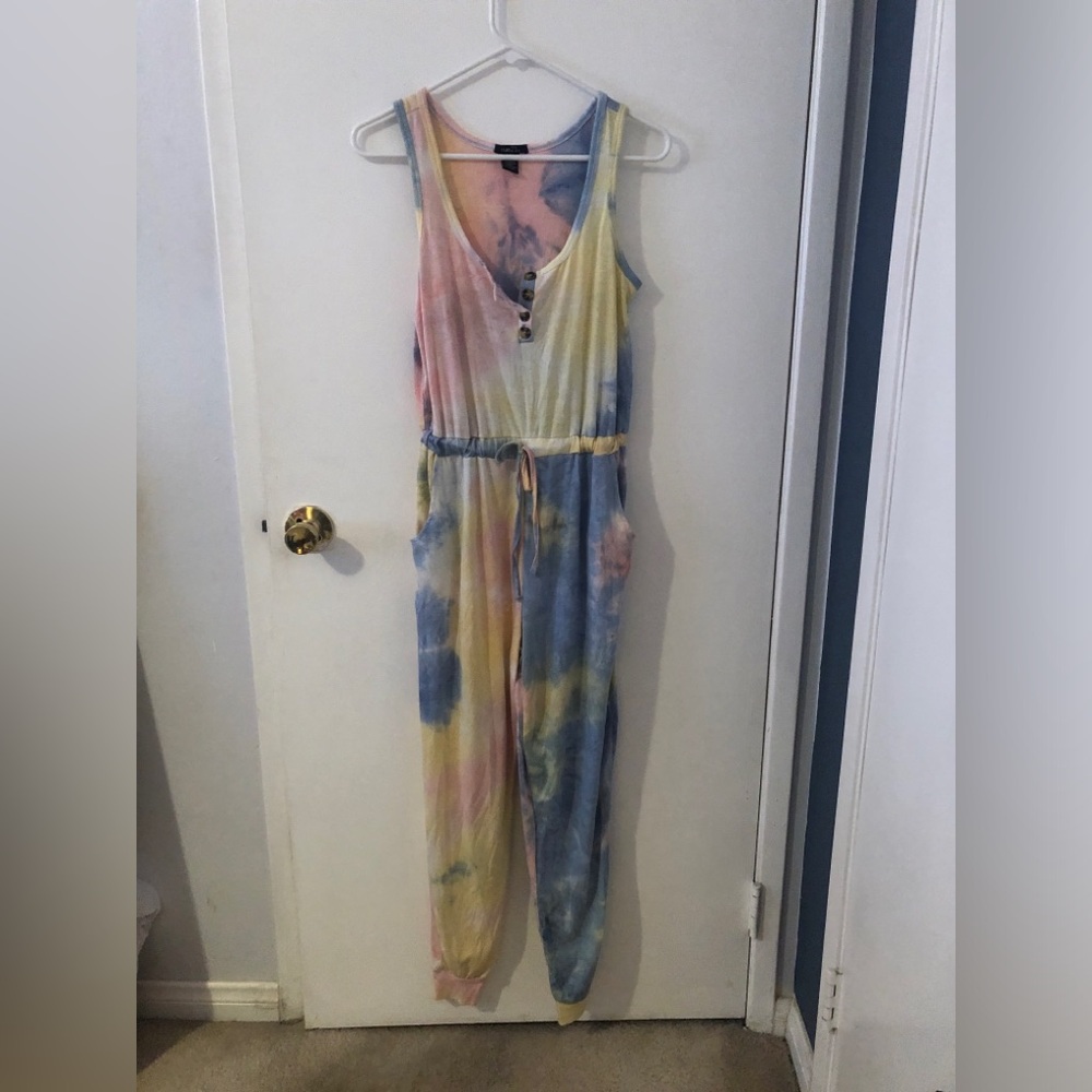 Tie Dye Pastel Multi Color Comfy Soft Jumpsuit with Tie Waist Pockets size Small - Picture 5 of 10